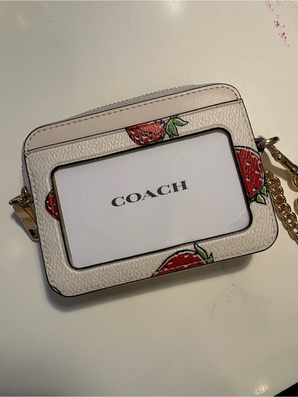 COACH White Strawberry Print Card Holder with Gold Chain - Picture 9 of 9